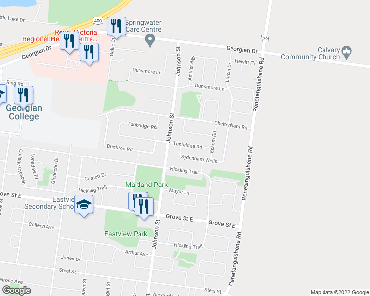 map of restaurants, bars, coffee shops, grocery stores, and more near 2 Sydenham Wells in Barrie