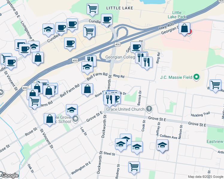 map of restaurants, bars, coffee shops, grocery stores, and more near 2 Bernick Drive in Barrie