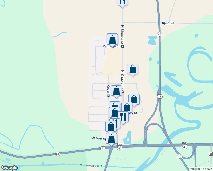 map of restaurants, bars, coffee shops, grocery stores, and more near 1507 Cedar Street in New London