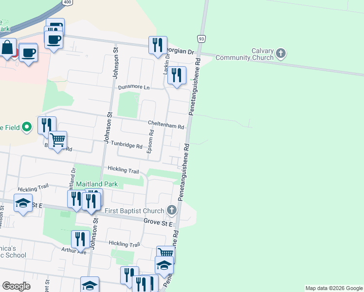 map of restaurants, bars, coffee shops, grocery stores, and more near 137 Sydenham Wells in Barrie