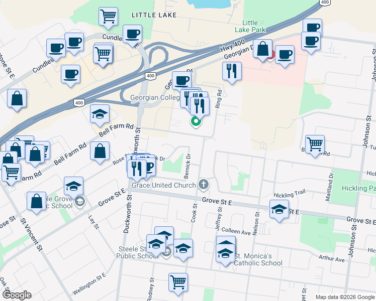 map of restaurants, bars, coffee shops, grocery stores, and more near 45 Bernick Drive in Barrie