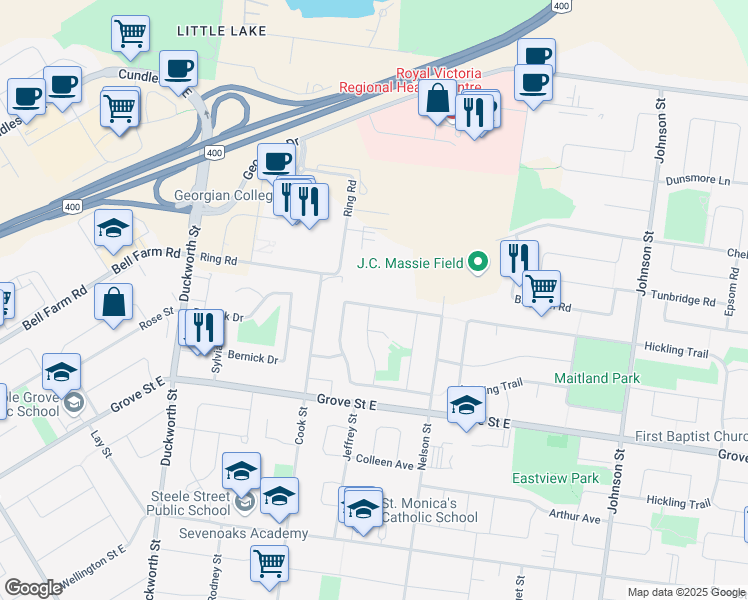 map of restaurants, bars, coffee shops, grocery stores, and more near 87 College Crescent in Barrie
