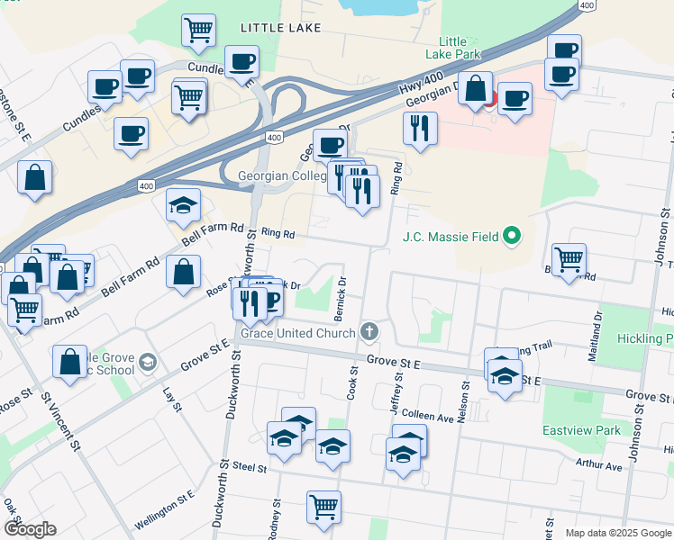 map of restaurants, bars, coffee shops, grocery stores, and more near 59 Bernick Drive in Barrie