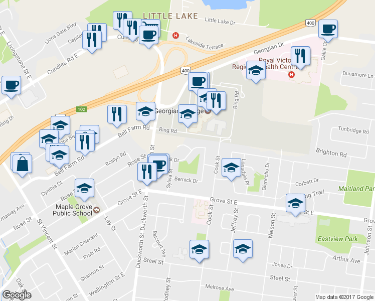 map of restaurants, bars, coffee shops, grocery stores, and more near 30 Bernick Drive in Barrie
