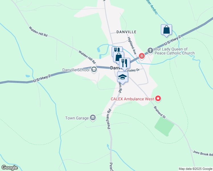 map of restaurants, bars, coffee shops, grocery stores, and more near 246 Peacham Road in Danville