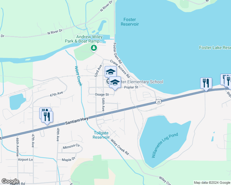 map of restaurants, bars, coffee shops, grocery stores, and more near 5526 Poplar Street in Sweet Home