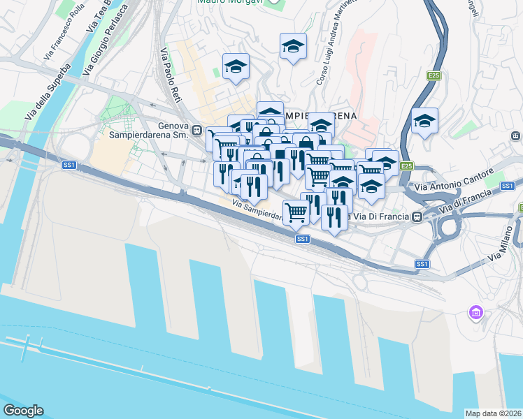 map of restaurants, bars, coffee shops, grocery stores, and more near 1037 Via San Luigi in Genova