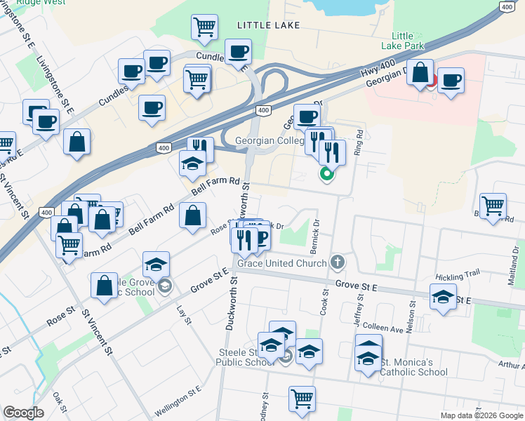 map of restaurants, bars, coffee shops, grocery stores, and more near 2 Bernick Drive in Barrie