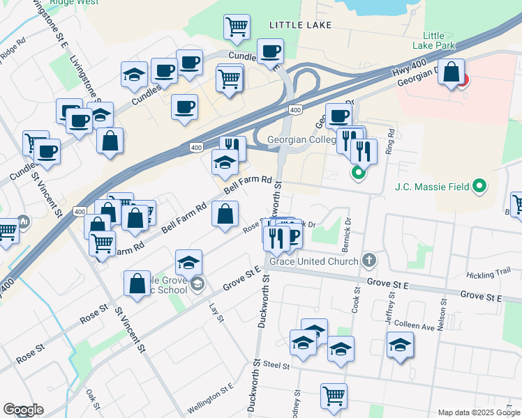 map of restaurants, bars, coffee shops, grocery stores, and more near 262 Rose Street in Barrie