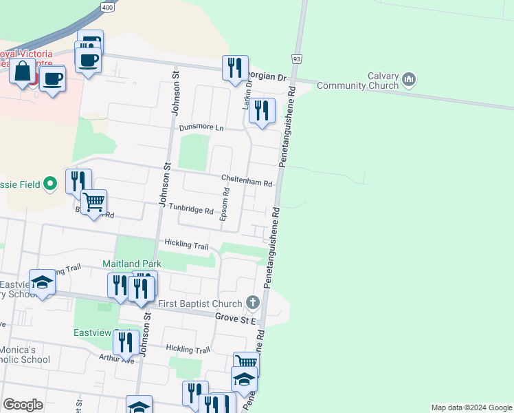 map of restaurants, bars, coffee shops, grocery stores, and more near 141 Sydenham Wells in Barrie