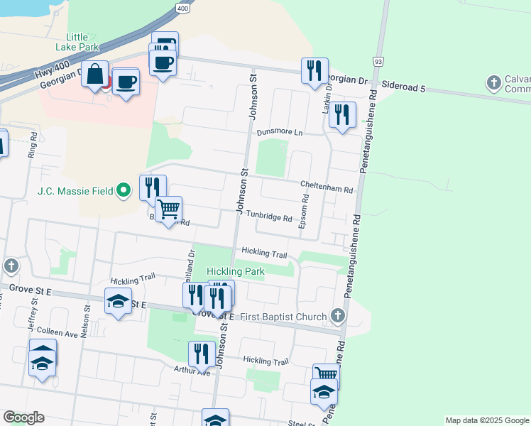 map of restaurants, bars, coffee shops, grocery stores, and more near in Barrie