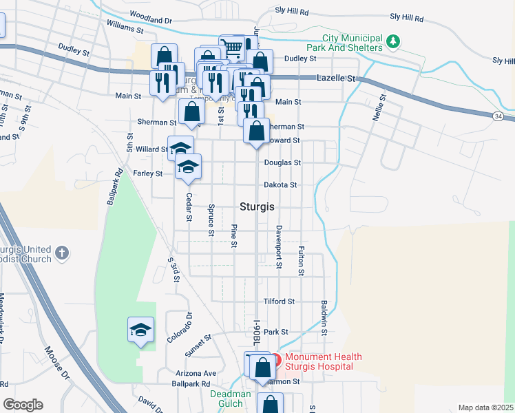 map of restaurants, bars, coffee shops, grocery stores, and more near in Sturgis