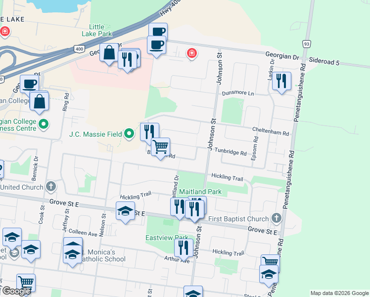 map of restaurants, bars, coffee shops, grocery stores, and more near in Barrie