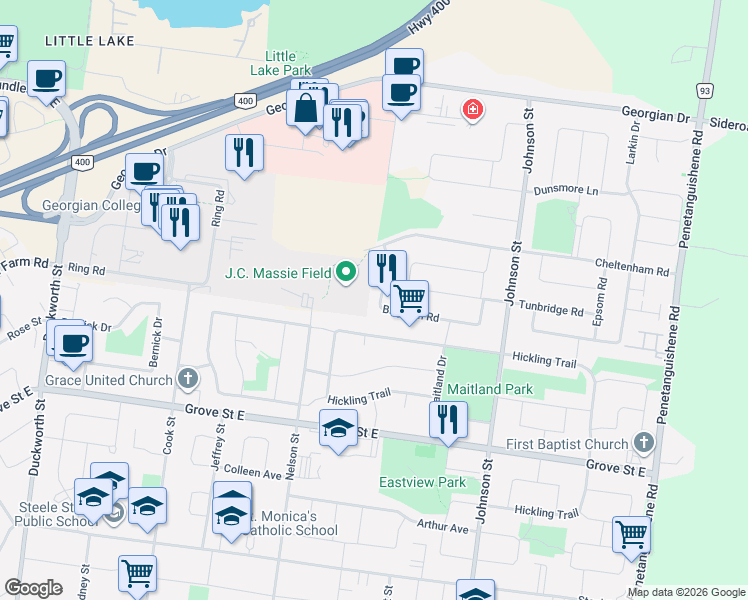 map of restaurants, bars, coffee shops, grocery stores, and more near 28 Brighton Road in Barrie