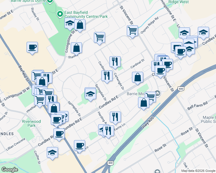 map of restaurants, bars, coffee shops, grocery stores, and more near 23 Virgilwood Crescent in Barrie