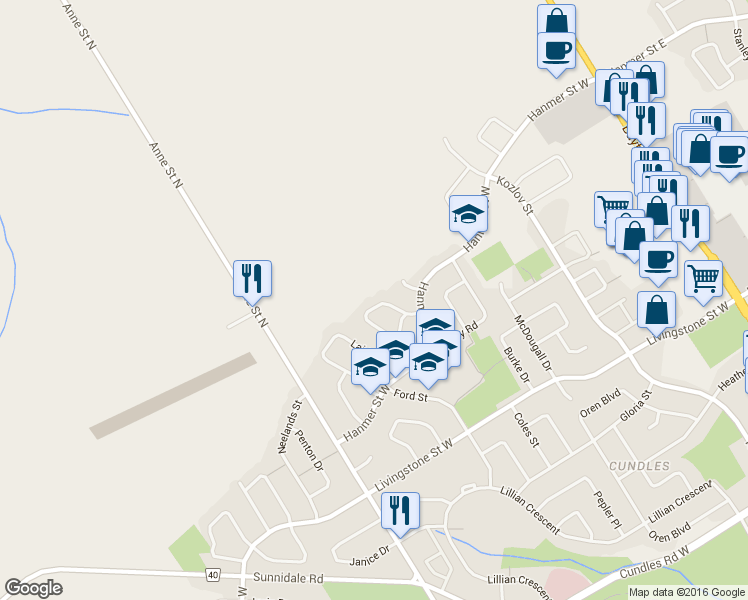 map of restaurants, bars, coffee shops, grocery stores, and more near 23 Morton Crescent in Barrie