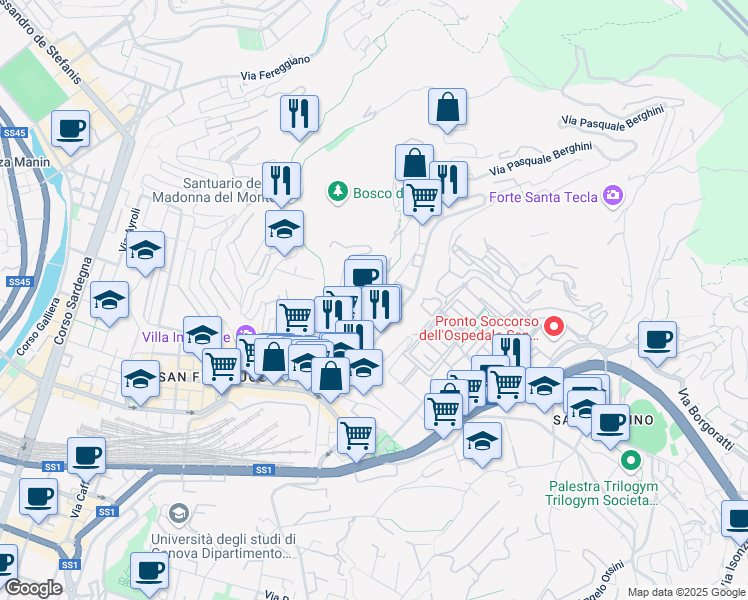 map of restaurants, bars, coffee shops, grocery stores, and more near 26 Via Aldo Manuzio in Genova