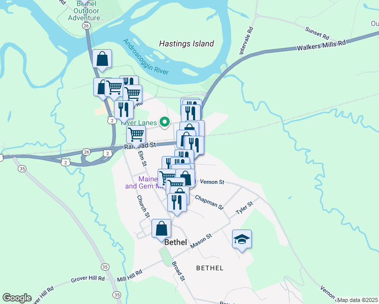 map of restaurants, bars, coffee shops, grocery stores, and more near 177 Main Street in Bethel