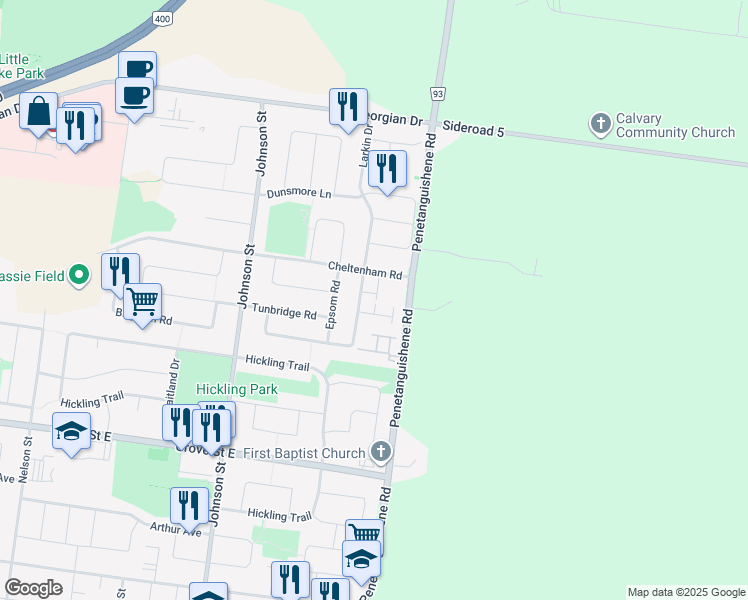 map of restaurants, bars, coffee shops, grocery stores, and more near in Barrie