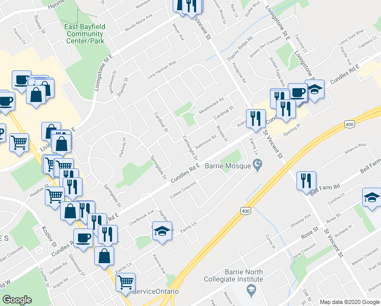 map of restaurants, bars, coffee shops, grocery stores, and more near 15 Cartwright Drive in Barrie