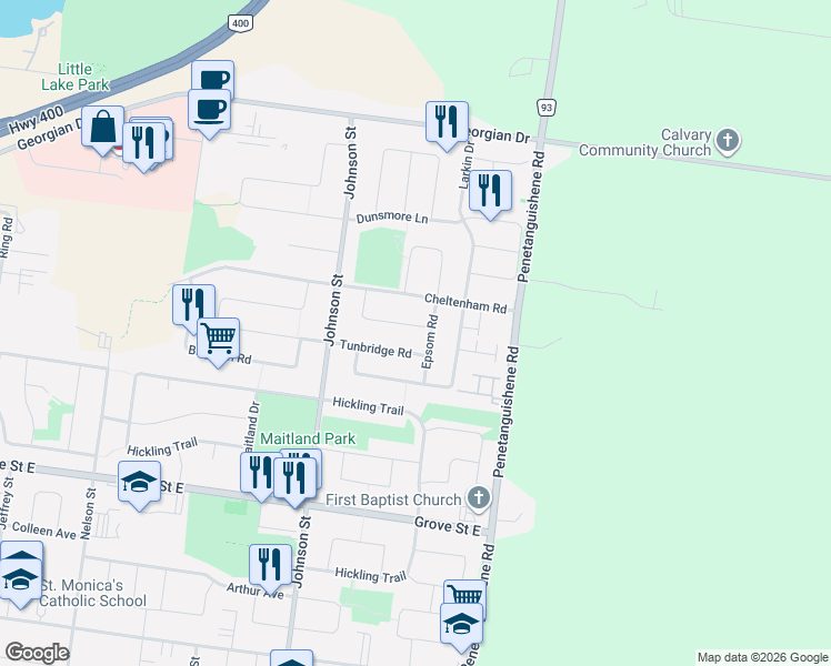 map of restaurants, bars, coffee shops, grocery stores, and more near 70 Weymouth Road in Barrie