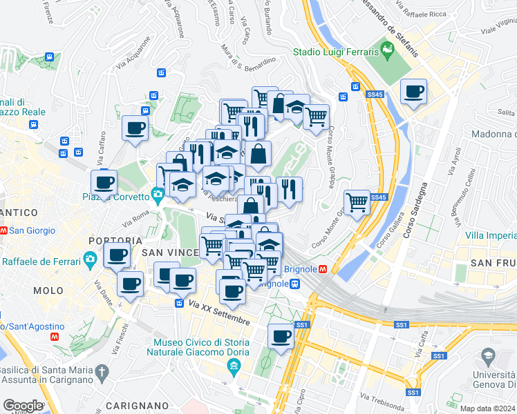 map of restaurants, bars, coffee shops, grocery stores, and more near 2 Via Felice Romani in Genoa