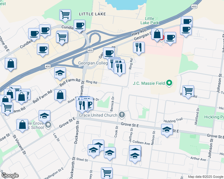 map of restaurants, bars, coffee shops, grocery stores, and more near 44 Bernick Drive in Barrie
