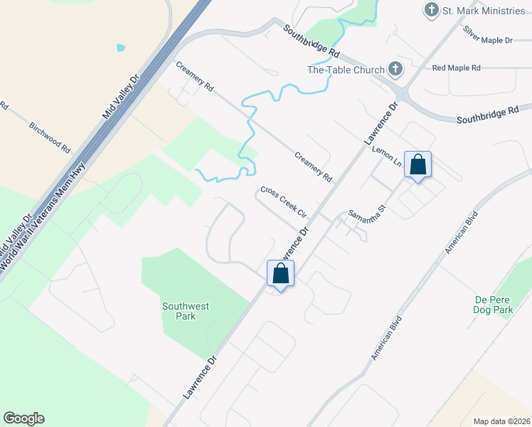 map of restaurants, bars, coffee shops, grocery stores, and more near 1950 Cross Creek Circle in De Pere