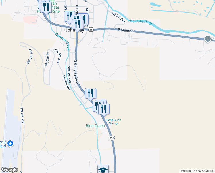 map of restaurants, bars, coffee shops, grocery stores, and more near Ferguson Drive in John Day
