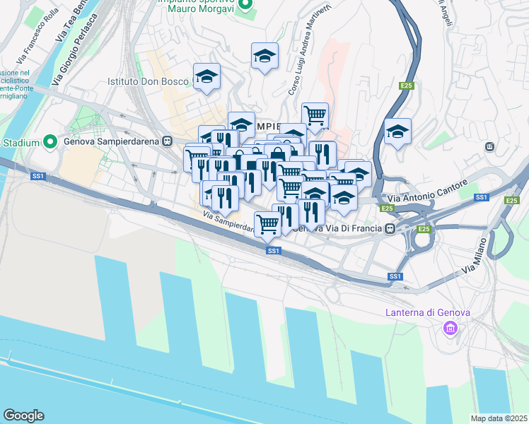 map of restaurants, bars, coffee shops, grocery stores, and more near 29-49 Via Vincenzo Gioberti in Genoa