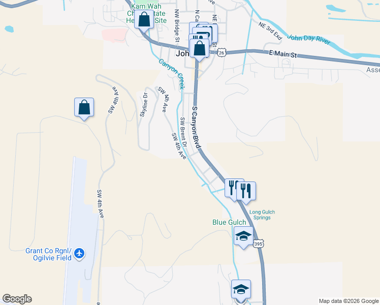 map of restaurants, bars, coffee shops, grocery stores, and more near 413 South Canyon Boulevard in John Day
