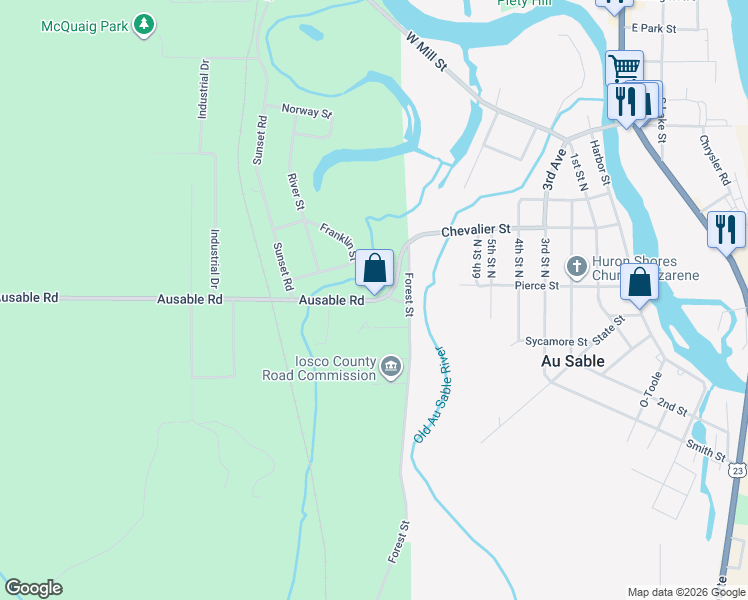 map of restaurants, bars, coffee shops, grocery stores, and more near 800 Ausable Road in Au Sable Charter Township