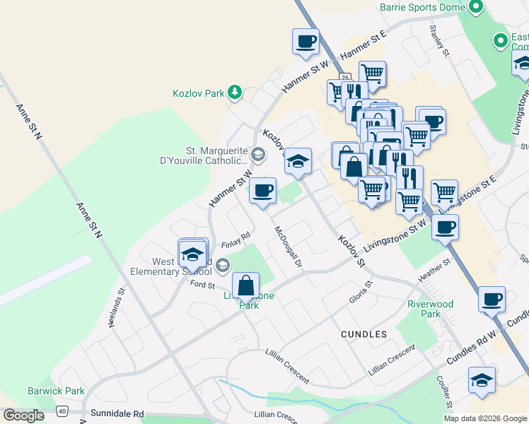 map of restaurants, bars, coffee shops, grocery stores, and more near 10 Hook Court in Barrie