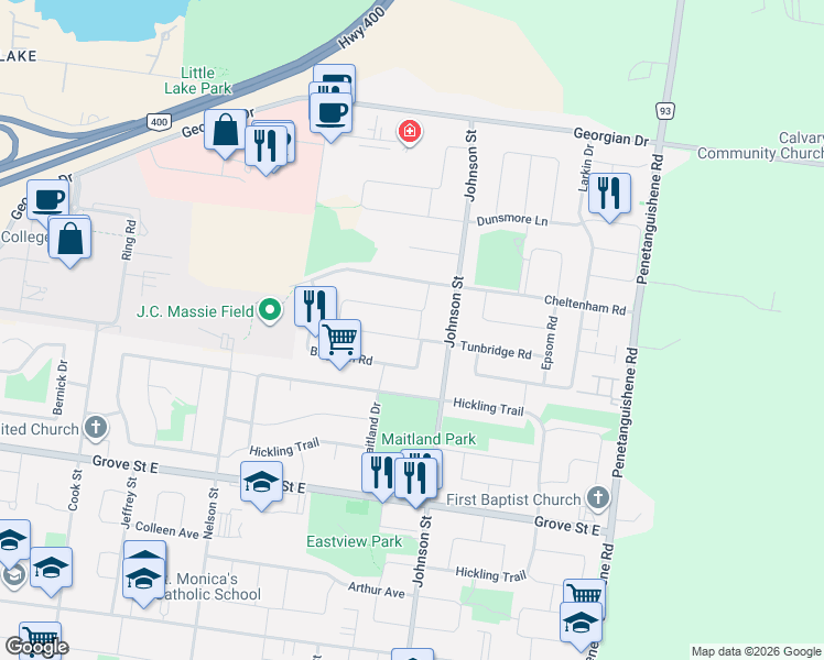 map of restaurants, bars, coffee shops, grocery stores, and more near 136 Tunbridge Road in Barrie
