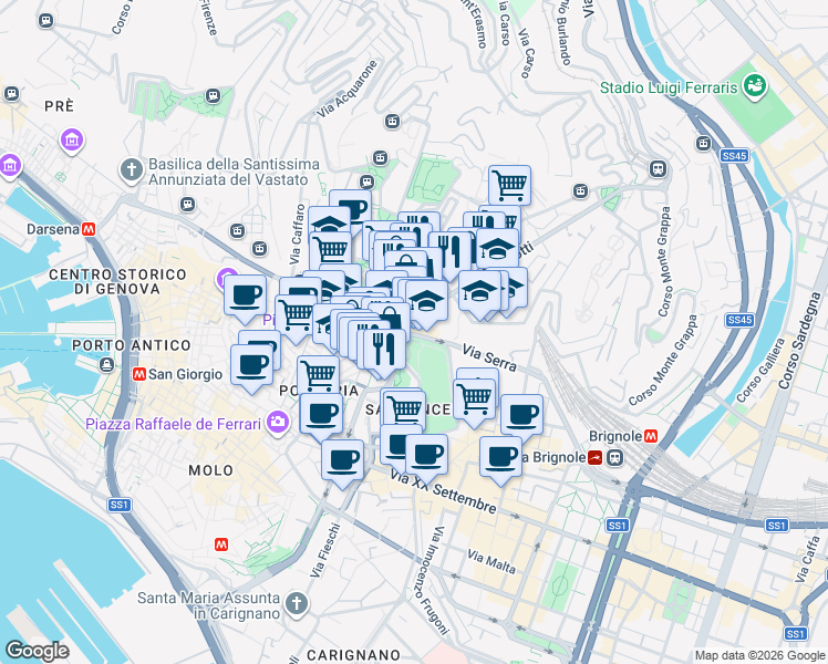 map of restaurants, bars, coffee shops, grocery stores, and more near 2 Piazza Brignole in Genoa
