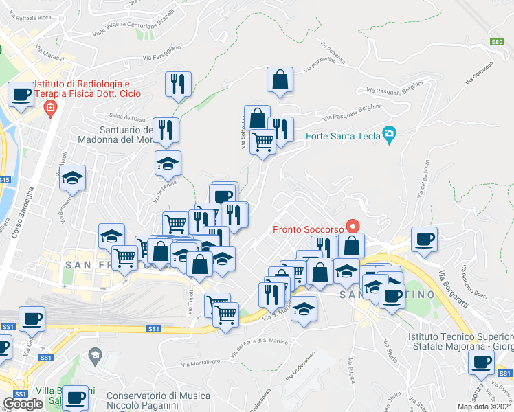 map of restaurants, bars, coffee shops, grocery stores, and more near 171 Via Donghi in Genova