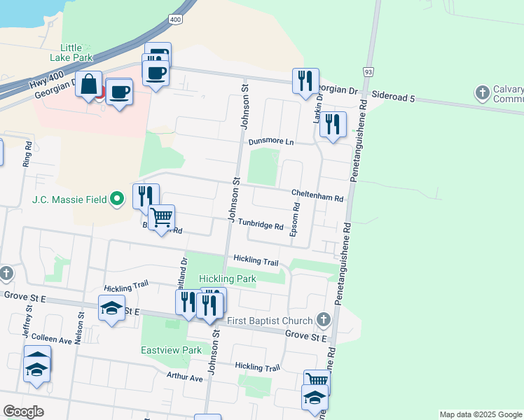 map of restaurants, bars, coffee shops, grocery stores, and more near 38 Weymouth Road in Barrie