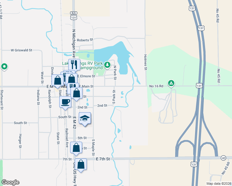 map of restaurants, bars, coffee shops, grocery stores, and more near 300-398 East Main Street in Manton
