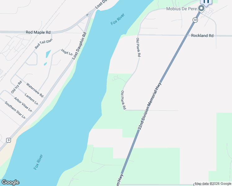 map of restaurants, bars, coffee shops, grocery stores, and more near 2954 Old Plank Road in De Pere