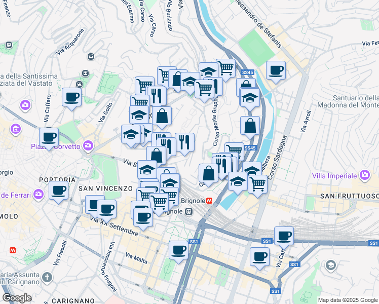 map of restaurants, bars, coffee shops, grocery stores, and more near 19 Salita delle Fieschine in Genoa