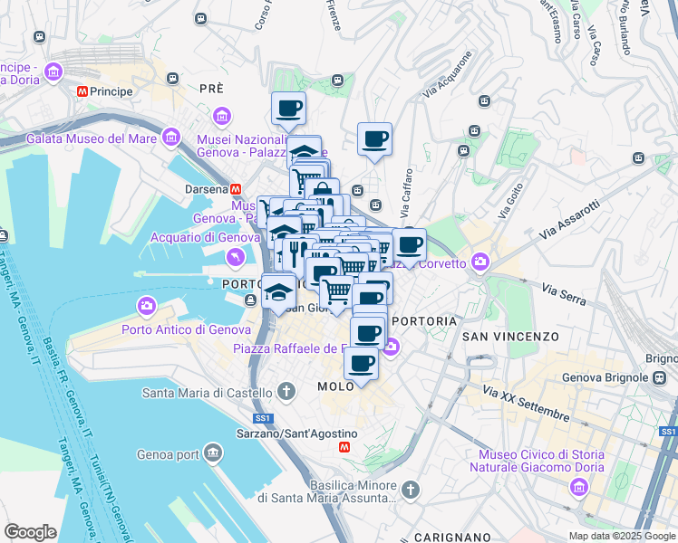 map of restaurants, bars, coffee shops, grocery stores, and more near 4R Vico Lepre in Genova