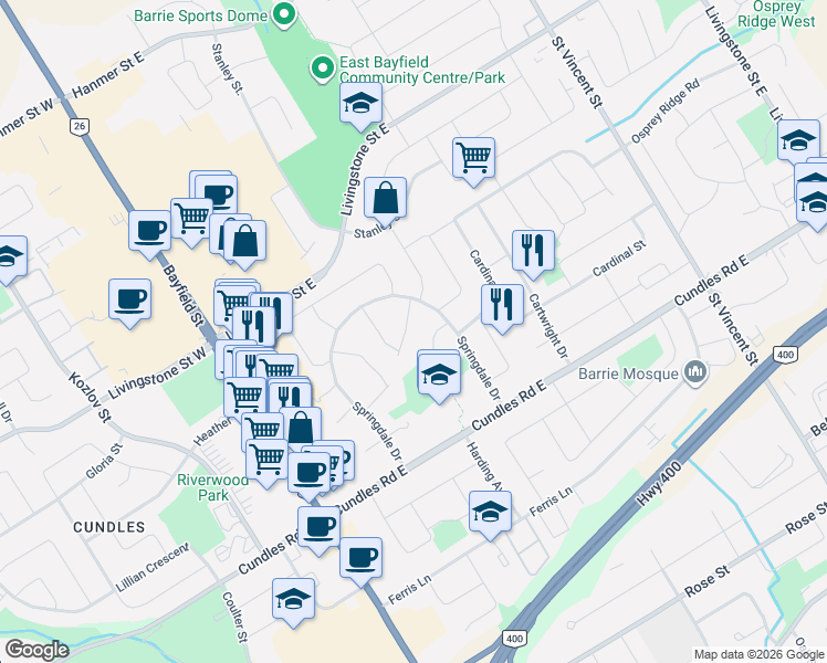map of restaurants, bars, coffee shops, grocery stores, and more near 22 Parkway Place in Barrie