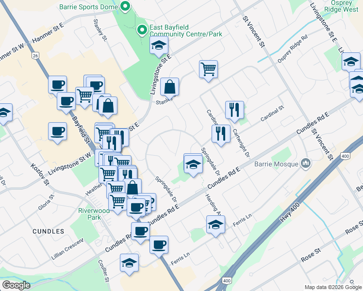 map of restaurants, bars, coffee shops, grocery stores, and more near 22 Parkway Place in Barrie
