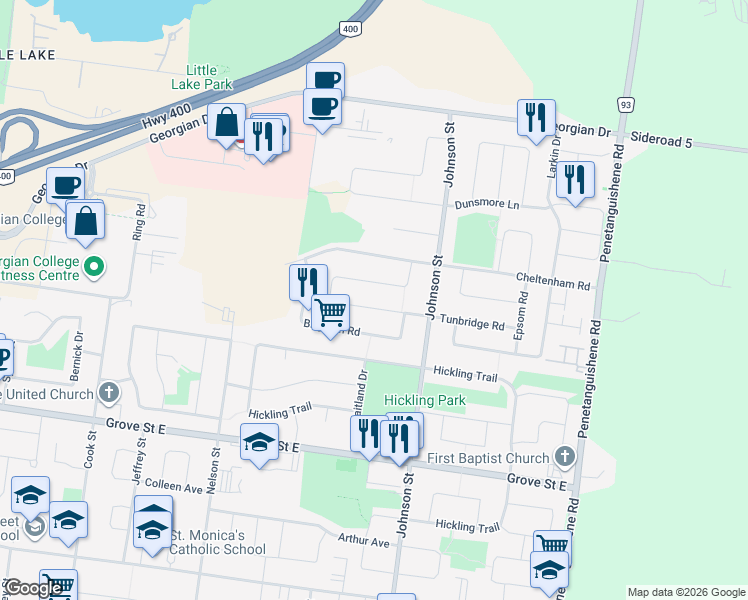 map of restaurants, bars, coffee shops, grocery stores, and more near in Barrie
