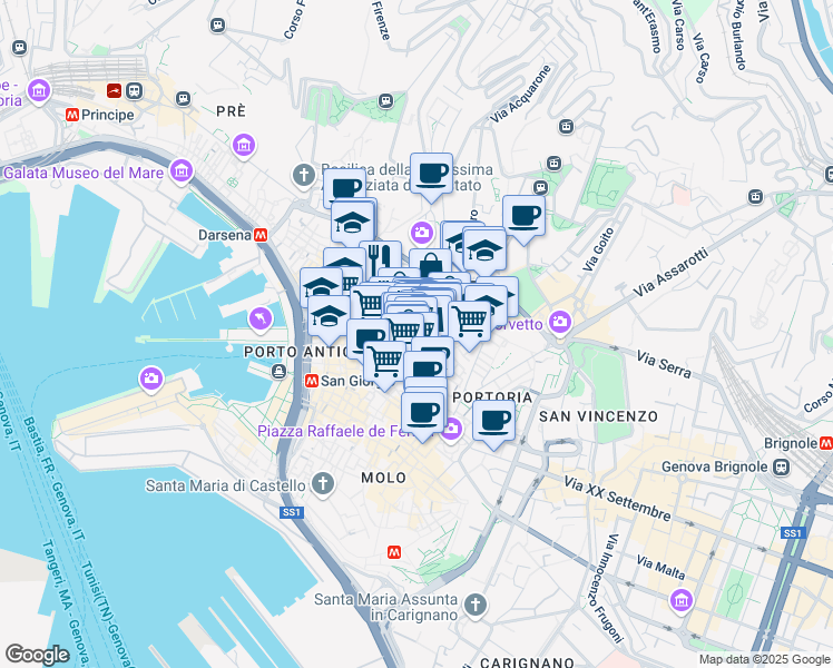 map of restaurants, bars, coffee shops, grocery stores, and more near 4R Vico Lepre in Genova