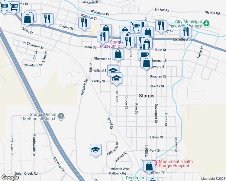map of restaurants, bars, coffee shops, grocery stores, and more near 1425 Cedar Street in Sturgis