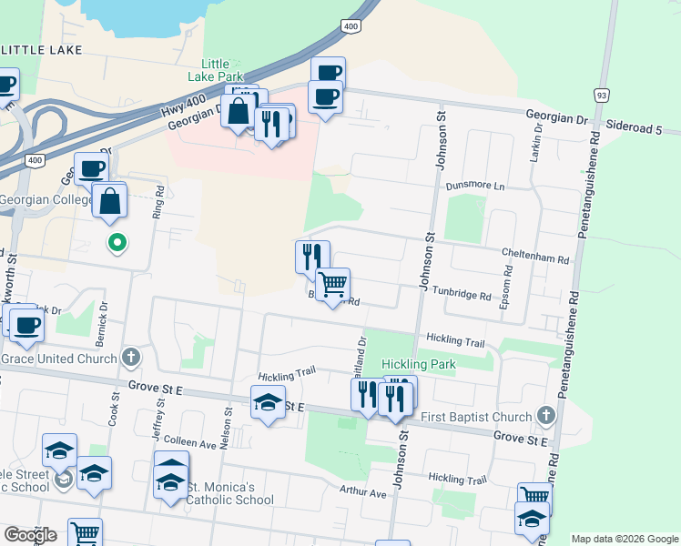 map of restaurants, bars, coffee shops, grocery stores, and more near in Barrie