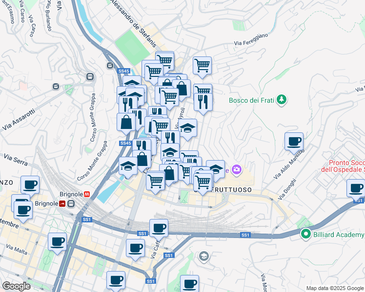 map of restaurants, bars, coffee shops, grocery stores, and more near Via Benvenuto Cellini in Genoa