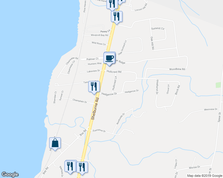 map of restaurants, bars, coffee shops, grocery stores, and more near 31 Hullcrest Lane in Shelburne