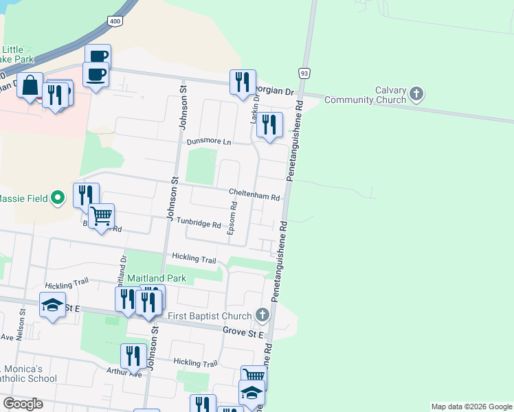 map of restaurants, bars, coffee shops, grocery stores, and more near 17 Cheltenham Road in Barrie